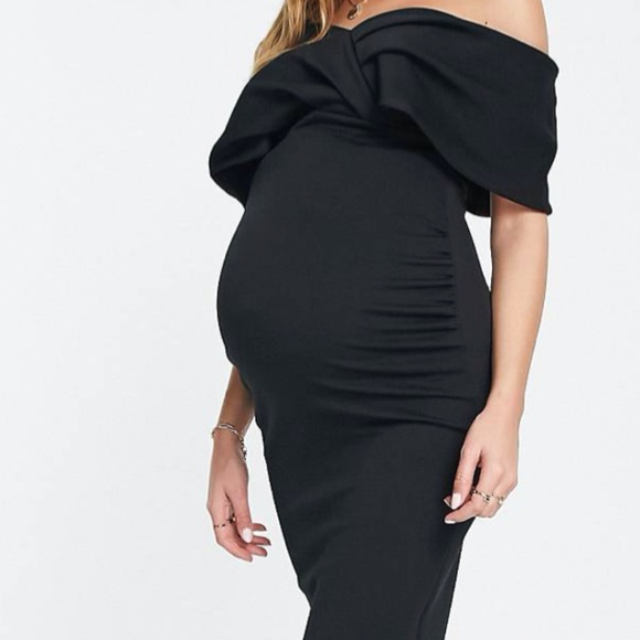 Maternity wrap shoulder midi dress in black - Picture 2 of 4